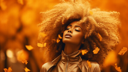 Beautiful african model with afro hair with autumn leaves