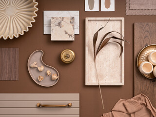 Elegant  flat lay composition in brown and beige color palette with textile and paint samples,...