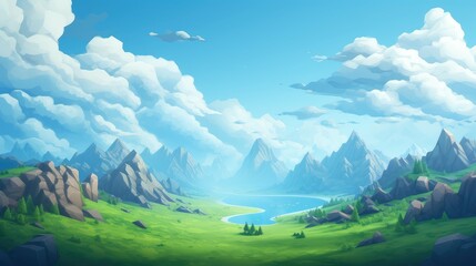 background voxel mountain landscape illustration design perspective, terrain view, panorama digital background voxel mountain landscape