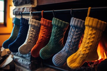 piled-high knit socks next to a cozy fireplace