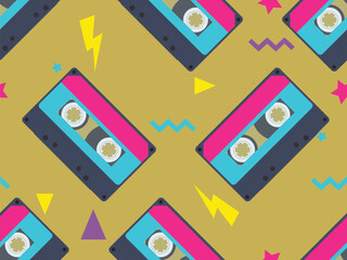 Retro seamless pattern with an audio cassette. Vector illustration