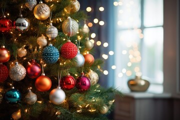 a decorated christmas tree with shiny ornaments