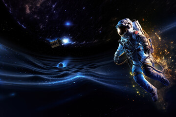 Astronaut floating in the space with ship behind and gravitational waves