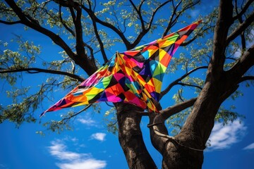 a brightly painted kite stuck in a tree