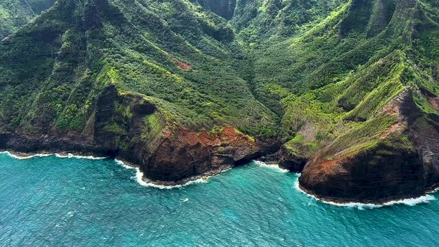 Aerial coastline view Na Pali Wilderness Park Kauai 