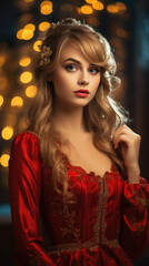 Fototapeta premium Portrait of Radiant Young Woman Celebrating the Holidays in a Festive Christmas Setting, High-Quality Seasonal Photography