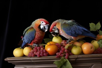 Fototapeta premium two parrots on a perch sharing a piece of fruit
