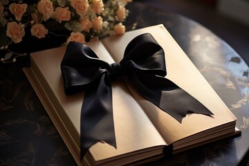 a black bow tied around a white funeral program