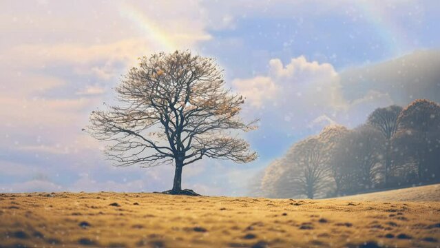A single tree stands proudly in a leaf-strewn meadow, its tranquil isolation emphasized by the soft, hazy backdrop of rolling hills