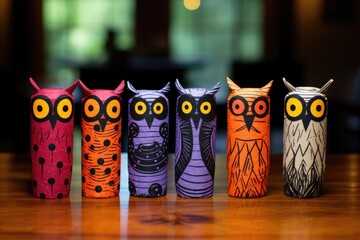 toilet paper roll owls painted in halloween colors