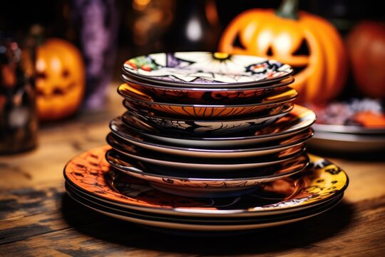 a stack of plates with halloween motifs