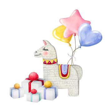 Happy birthday composition with alpaca pinata, balloons and gifts watercolor illustration isolated on white background for kids designs in pastel colors