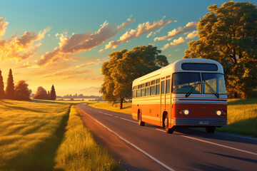 bus on asphalt road at sunset - obrazy, fototapety, plakaty