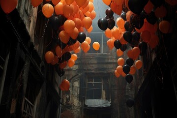 black and orange balloons floating in the air