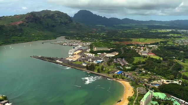 Aerial Lihue town beaches cruise ship terminal Kauai 