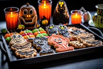halloween-themed gingerbread cookies placed on a serving tray