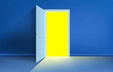 Yellow light inside the open door is isolated on blue background. Room interior design element. Modern minimal concept. Opportunity metaphor. 3D illustration