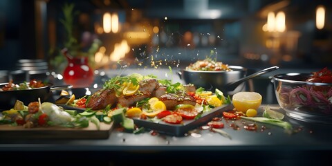 gourmet dish being prepared in a high-end restaurant kitchen - obrazy, fototapety, plakaty