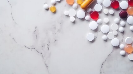 An assortment of medication arranged neatly on a marble tabletop - obrazy, fototapety, plakaty