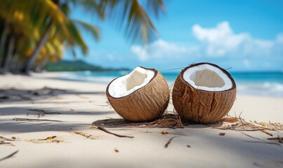 Broken brown coconut on sandy tropical beach. Palm tree and sand, blue sea water or turquoise ocean, sun sky white cloud. Summer holidays, vacation and travel.