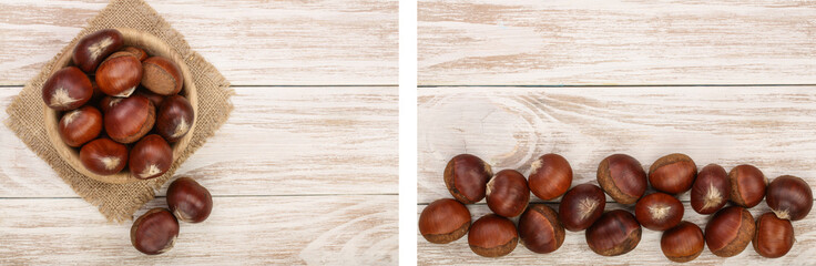 chestnut in bowl on white wooden background with copy space for your text. Top view. Flat lay