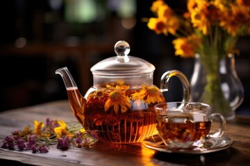 glass teapot filled with floral herbal tea