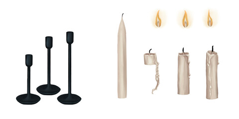 black candlestick. kit. tall, 3 pieces, set of candles with and without light, with melted wax