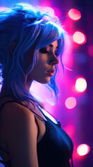 Striking Vertical Portrait of Modern Woman with Blue Hair in Futuristic or Cosmic Setting, High-Quality Creative Photography