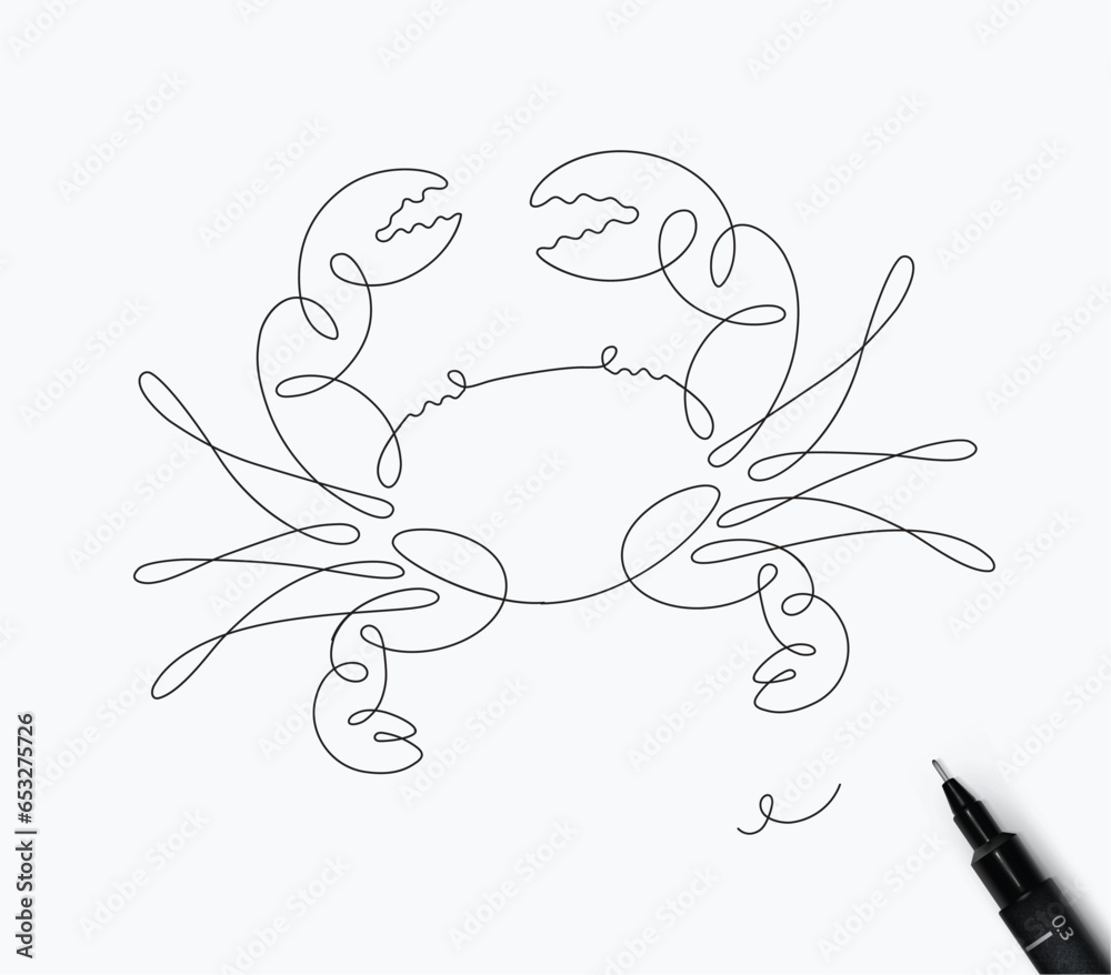 Wall mural Crab sea creature drawing in pen line style on white background