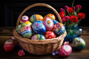 brightly decorated easter eggs in a wicker basket