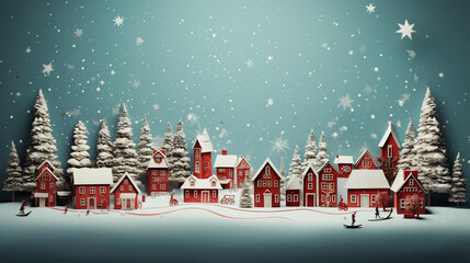 Cute Christmas card with houses in a snowy forest during a snowfall for your design. Generative Ai