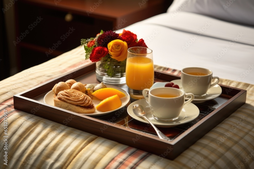 Poster room service breakfast tray on a comfortable bed