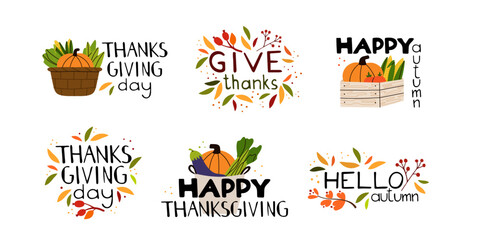 Happy thanksgiving day. Lettering and illustration. Harvest pumpkin with text, handwritten phrases with seasonal design isolated flat cartoon elements, postcard poster and labels, vector doodle set