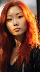 Portrait of Stunning Young Asian Woman with Red Hair Captured in Golden Hour and Natural Light, High-Quality Beauty Photography