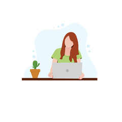 compuer work concepts. Professional woman sitting with computer laptop working in flat design vector illustration with white and blue background,freelancer illustration eps 10