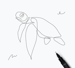 Sea turtle creature drawing in pen line style on white background