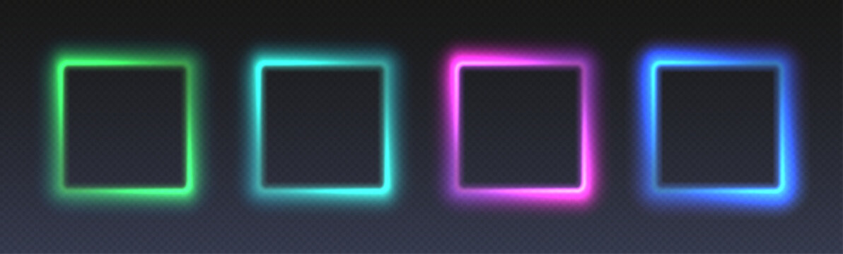 Neon glowing square frames, futuristic gradient colorful borders, modern vector decoration. Dynamic tech design elements.