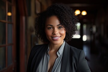 Portret pięknej Afro Amerykanki businesswoman w biurze  - obrazy, fototapety, plakaty