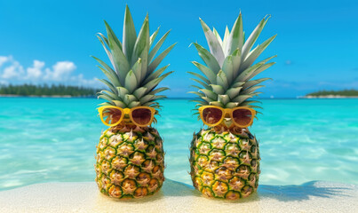 Background of pineapple with sunglass. Beach holidays on island. For postcard, book illustration.