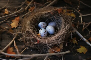 abandoned birds nest, scattered eggs on ground