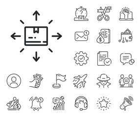 Warehouse parcel sign. Salaryman, gender equality and alert bell outline icons. Cardboard box line icon. Inventory package symbol. Cardboard box line sign. Spy or profile placeholder icon. Vector