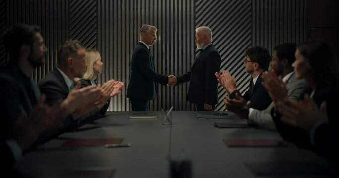 High-Level Political Forum: Two Caucasian Male World Leaders Shaking Hands On Important Economic Deal. Diverse Delegates Applauding Successful International Agreement In Governmental Conference Hall.