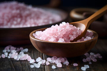 Obraz na płótnie Canvas Pink Himalayan salt in a wooden bowl and a spoon nearby