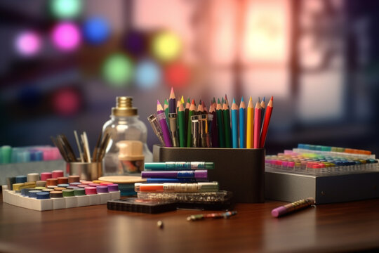 Colorful pencils in glass jar on table in office, closeup