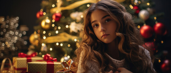 Portrait of Radiant Young Woman Celebrating the Holidays in a Festive Christmas Setting, High-Quality Seasonal Photography