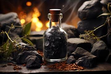 Vial with black volcanic lava salt on a natural background. Unusual table salt. Black truffle salt....