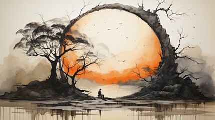 Surrealistyczny księżyc opleciony korzeniami drzewa.  - obrazy, fototapety, plakaty