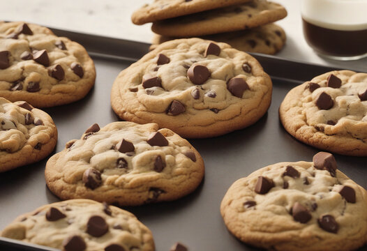 A delectable image showcasing freshly baked chocolate chip cookies arranged in a tray, capturing the irresistible aroma and taste of homemade treats