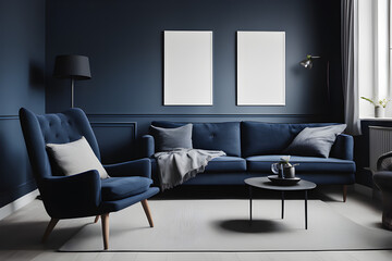 Scandinavian apartment living room: Dark blue sofa and recliner chair in modern interior design.