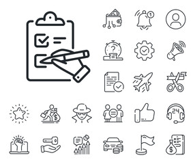 Clipboard document sign. Salaryman, gender equality and alert bell outline icons. Checklist line icon. Questioning survey symbol. Checklist line sign. Spy or profile placeholder icon. Vector